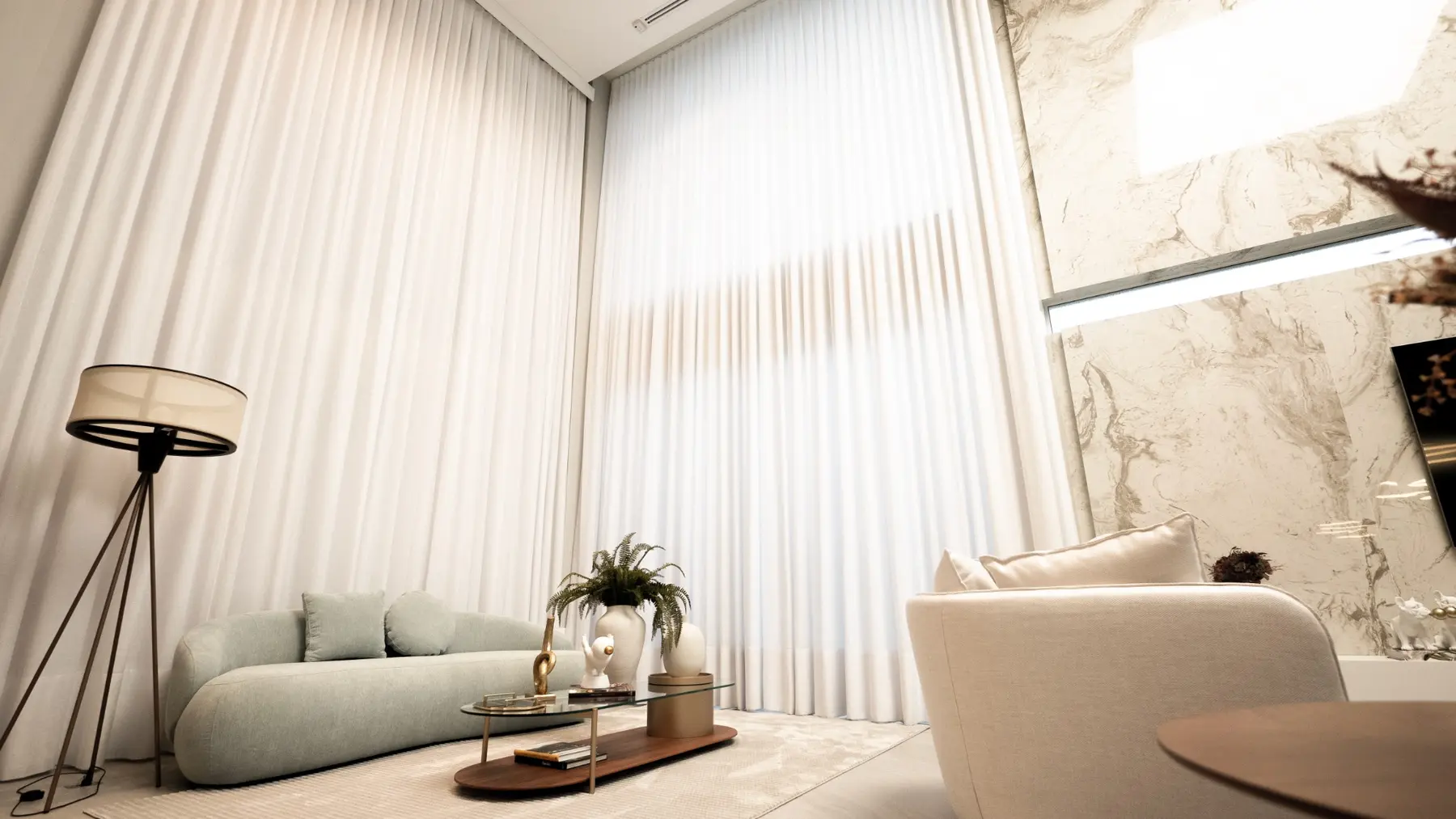 Cortinas de grande altura integradas à arquitetura